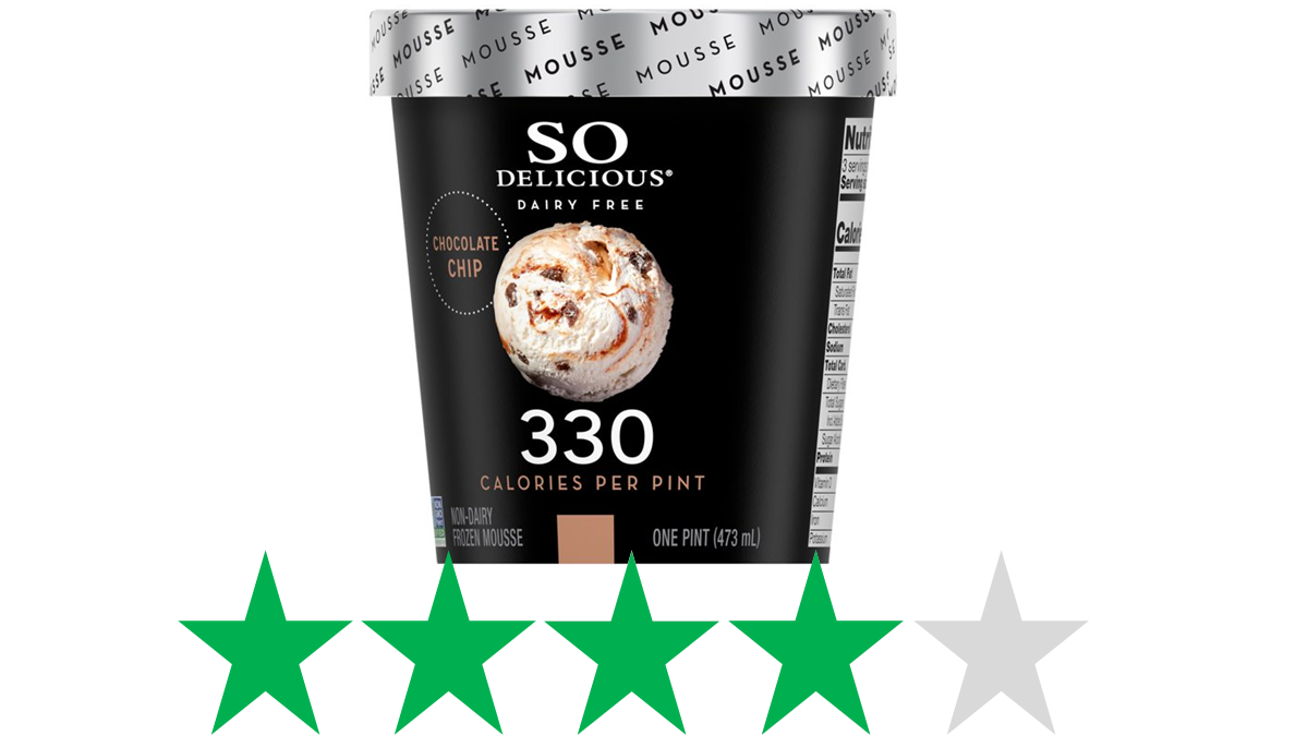 So Delicious chocolate chip mousse is pictured with an ethical score underneath of 4 Green Stars, out of 5.