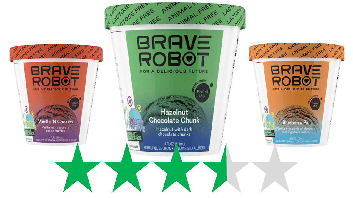 Brave Robot ice cream – ethical review. The image shows three flavors of Brave Robot ice cream, made with Perfect Day's vegan whey. Under the ice cream is a graphic showing a score of 3/5 green stars for social and environmental impact.