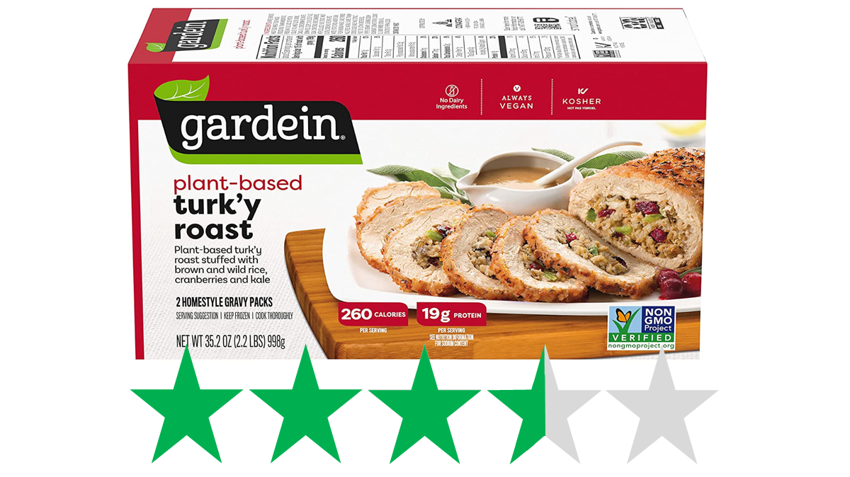 Gardein turk'y roast - rating for social and environmental impact. Gardein's turk'y roast is pictured over a graphic showing a score of 3.5 out of 5 green stars for social and environmental impact.