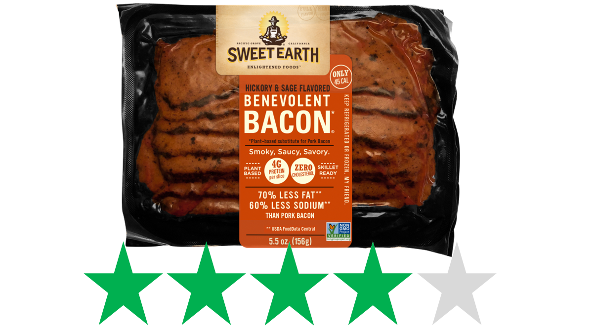 Ethical rating for Sweet Earth Benevolent Bacon. The bacon is pictured over a graphic showing a rating of 4/5 Green Stars for social and environmental impact.